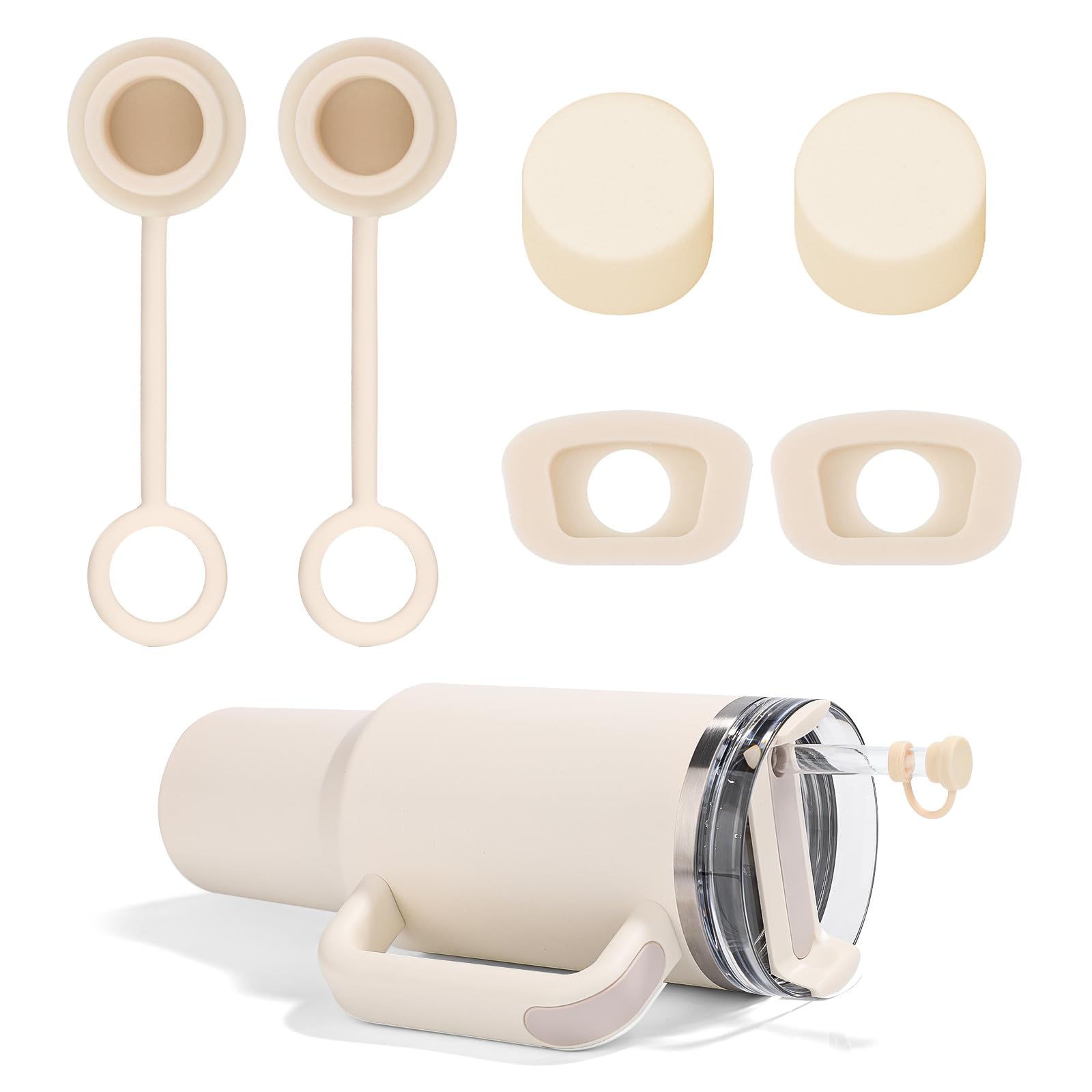 6pcs Silicone Spill Proof Stopper Set, Reusable Leakproof Plug Spill Proof Straw Stopper with Straw Covers Seal Tumbler Accessory Compatible with Stanley Cup 2.0 40/30oz (Cream Yellow)