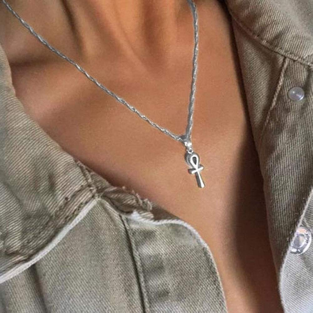 TseenYi Ankh Pendant Necklace Silver Hallmarked Key Necklace Choker Key Cross Protection Necklaces Chain Jewelry for Women and Girls (Silver)