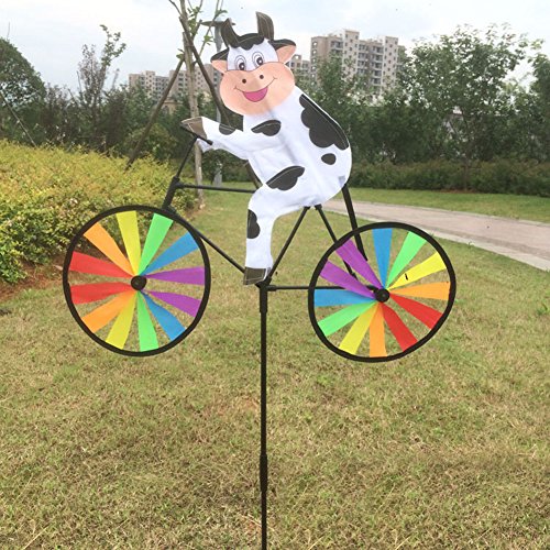 Ladaidra Wind Spinner, Animal on Bike 3D Colorful Wheel Stand Decor Windmill for Farm Yard Lawn (Cow)