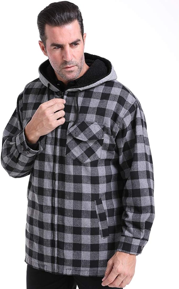 Mens Plaid Jacket Warm Fleece Sherpa Lined Zip Up Hoodie Casual Heavy