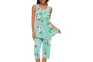 Eiyaclvo Pyjamas Set for Women Sleeveless Pleated Tunic Tops with Capri Pants Summer Prints Pajama Sets 2024 Womens Fashion