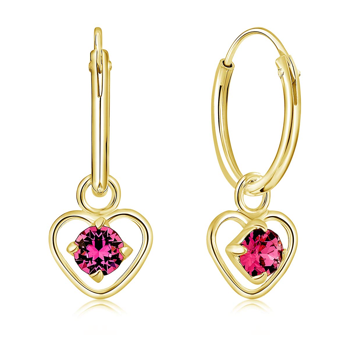 DTPsilver® 925 Sterling Silver Yellow Gold Plated SMALL Hoops Earrings & Dangling Heart with 3 mm Crystals from Swarovski® Elements - Thickness 1.5 mm - Diameter: 14 mm - Colour : Rose