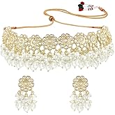 Aheli Traditional Green Kundan Pearl Choker Necklace Earrings Bharatanatyam jewellery set Gift for Women