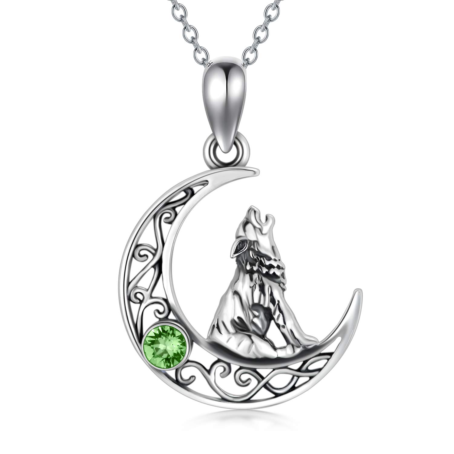 AOBOCO Sterling Silver Crescent Wolf Pendant Necklace, Wolf Jewellery Gifts for Women Her (Simulated Peridot)