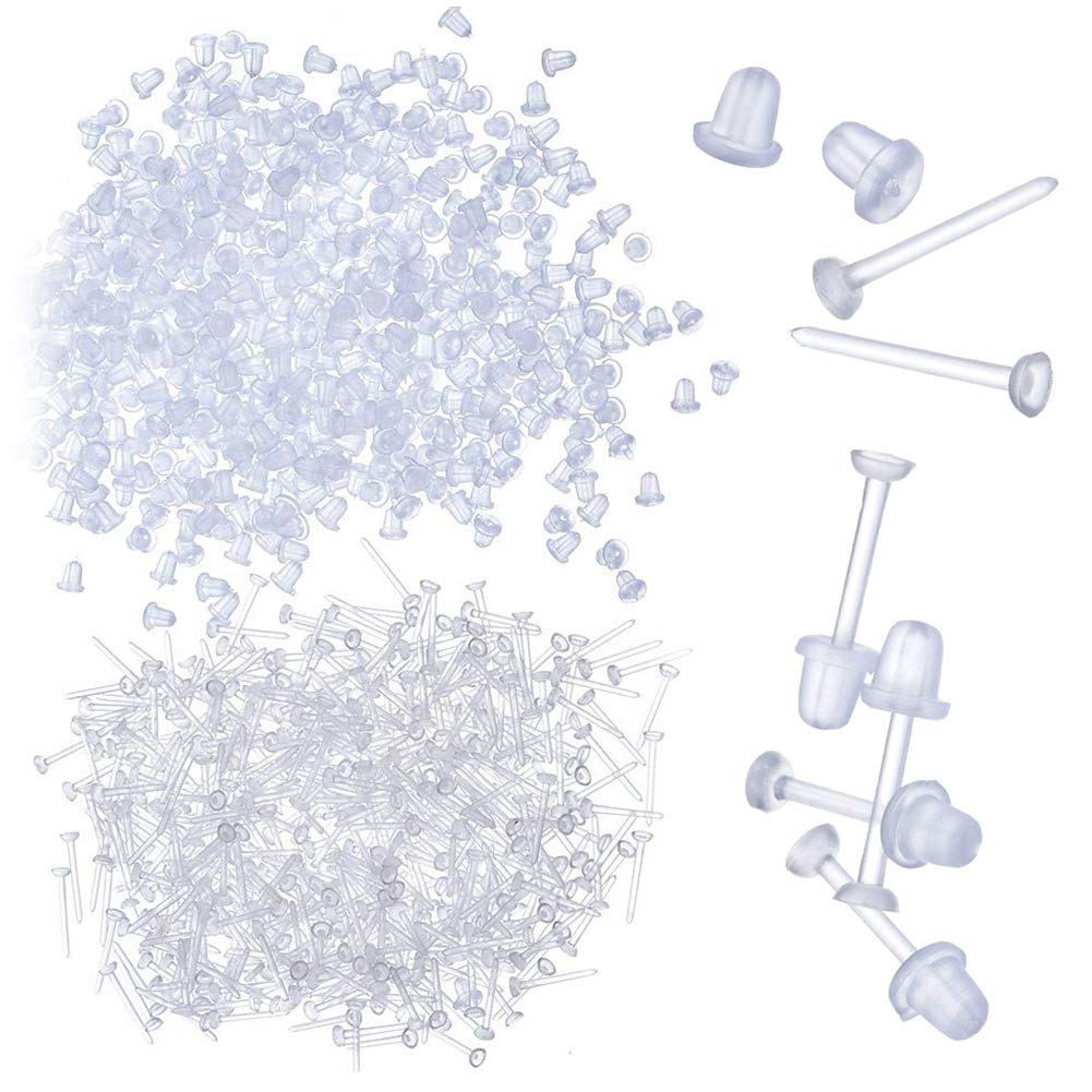 2000 PCS Clear Earring Posts and Backs, Studs, Ear Piercing Retainers, Plastic Posts, Pins, Rubber Safety Backs for School, DIY Jewelry Making, Earrings Findings