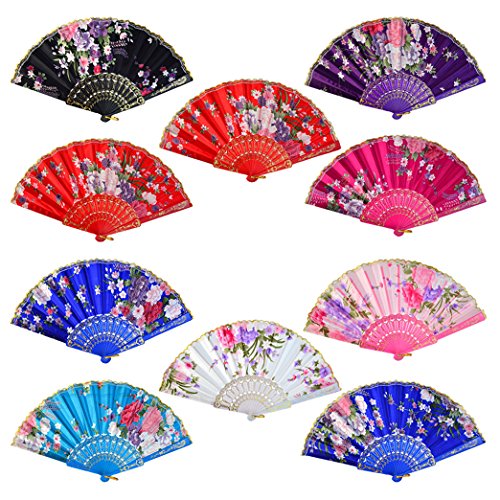 Lee-buty 10pcs Floral Folding Hand Fan Flower Pattern Gold Side Lace Handheld Folding Fans Women Hand Folding Fans Vintage Retro Style Folding Fan