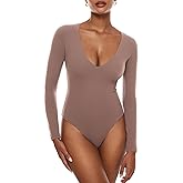 INLYRIC Women's Natrelax V Neck Long Sleeve Bodysuit Sexy Thong Body suits Tops Double Lined
