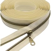 YaHoGa #5 Antique Brass Nylon Coil Zippers by The Yard 10 Yards (Beige New) | Metallic Zipper Tape Bulk with 25 PCS Pulls for Sewing Tailor Craft DIY Bags