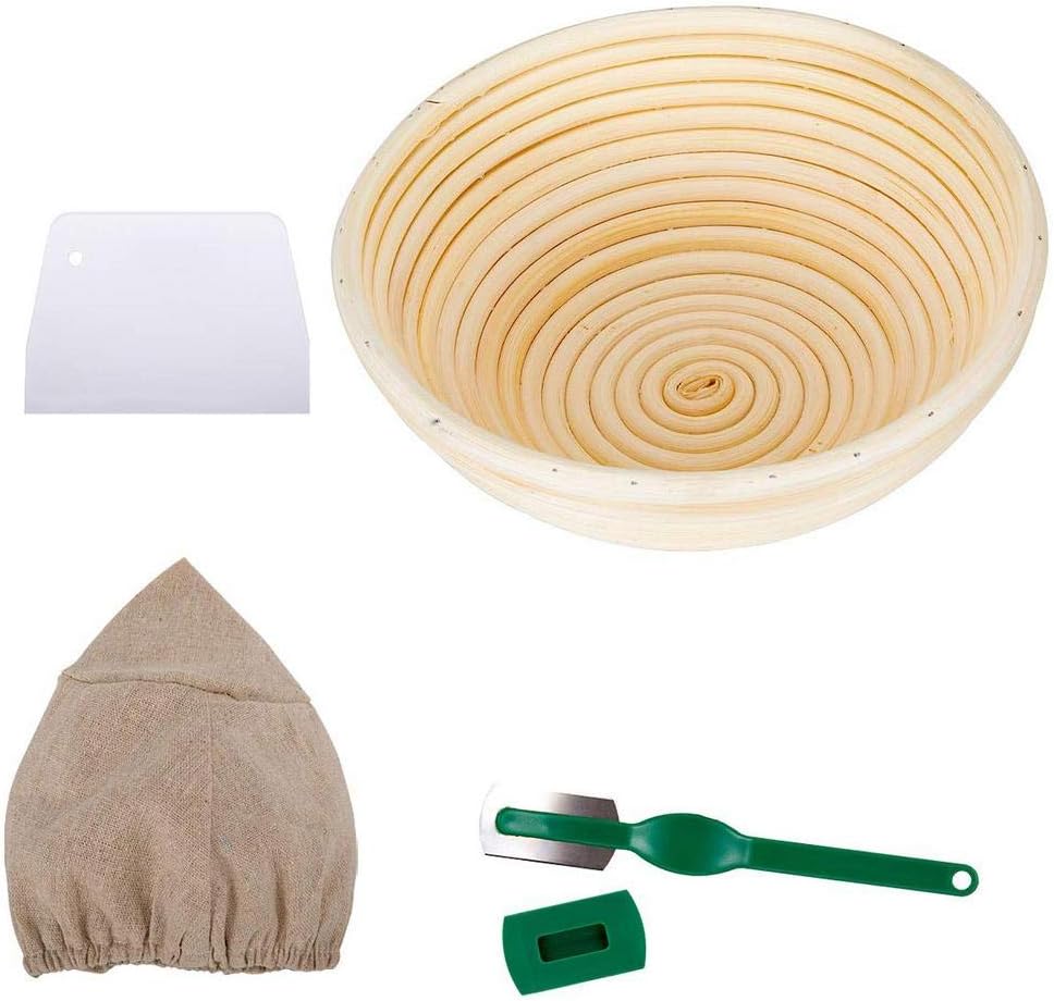 Wustrious 5/7/8/9inch Bread Banneton Proofing Basket Set - Round Rattan Handmade Banneton Bread Proofing Basket with Cloth Liner, Dough Scraper and Bread Lame for Sourdough Bread, Baking gaudily