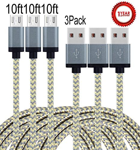 Aplenta Micro USB Cable, 3-Pack 10ft Premium Micro USB Cable High Speed USB 2.0 Sync and Charging Cables for Samsung, HTC, Motorola, Nokia, Android, and More(Gold+Gray)