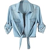 LATUD Women's 3/4 Sleeve Crop Top Tie Front Denim Shirt Cardigan