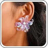 TseanYi Boho Acrylic Flower Earrings Large Purple Flower Earrings Big Resin Flower Petal Earrings Huge CZ Floral Studs Earrings Sparkly Flower Acrylic Earrings Wedding Petal Earrings for Women