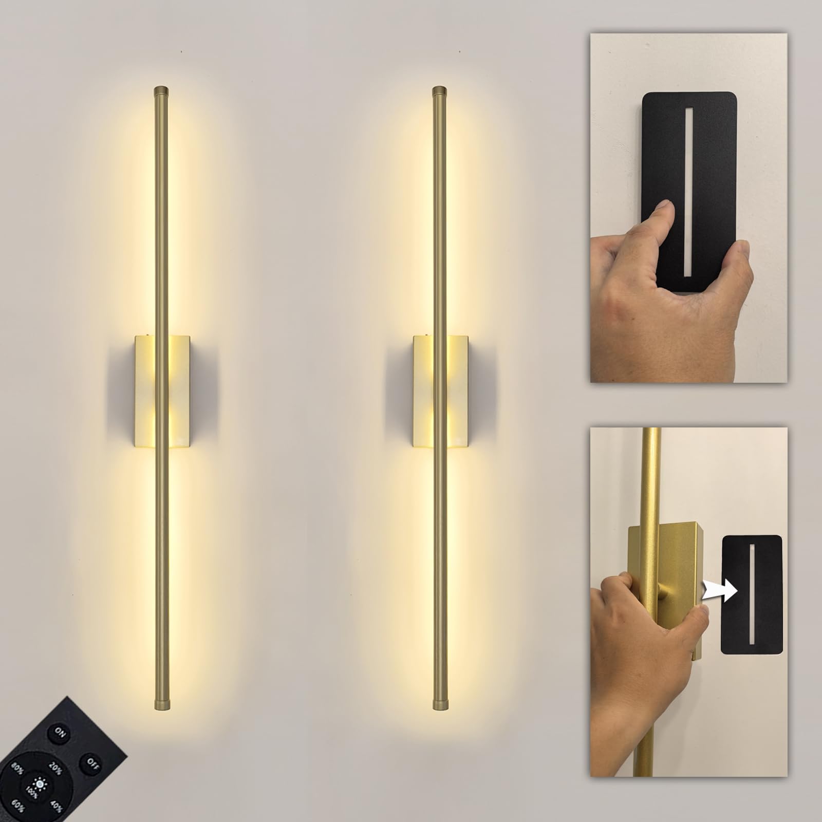 set of 2 battery powered linear tube rechargeable gold wall sconce, modern decor peel and stick on c