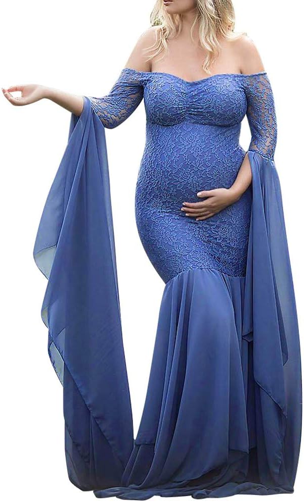 Women Pregnant Nursing Long Dress, Sexy Lace + Off Shoulders + Flying Sleeve Photography Props Maxi Dress Expectant Mothers Maternity Gown Photo Shoot Elegant Dress