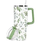 FYSUIMU 1Pc Greenery Tumbler with Handle Lid Straw 40oz Green Eucalyptus Leaves Stainless Steel Travel Tumbler Cup for Iced Coffee Birthday Party Favor