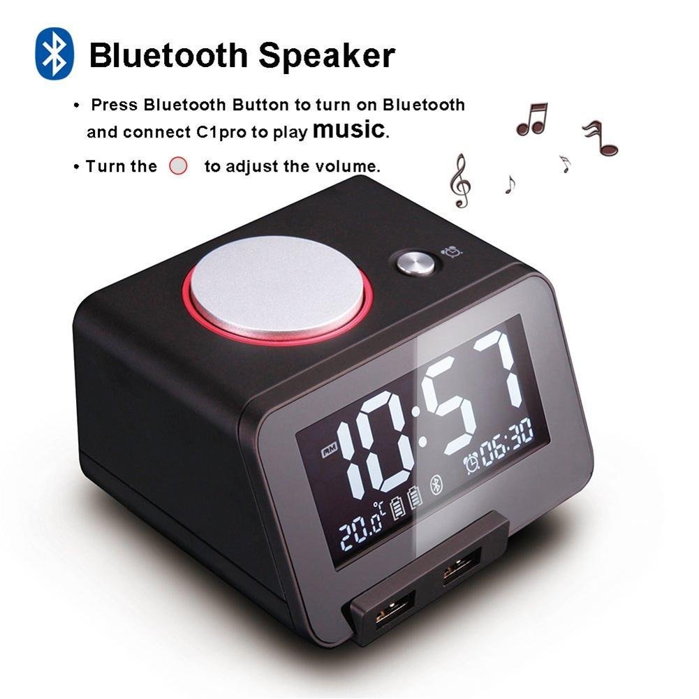 Bzng Bedside Alarm Clock with Bluetooth Speaker Dual USB Charger Snooze