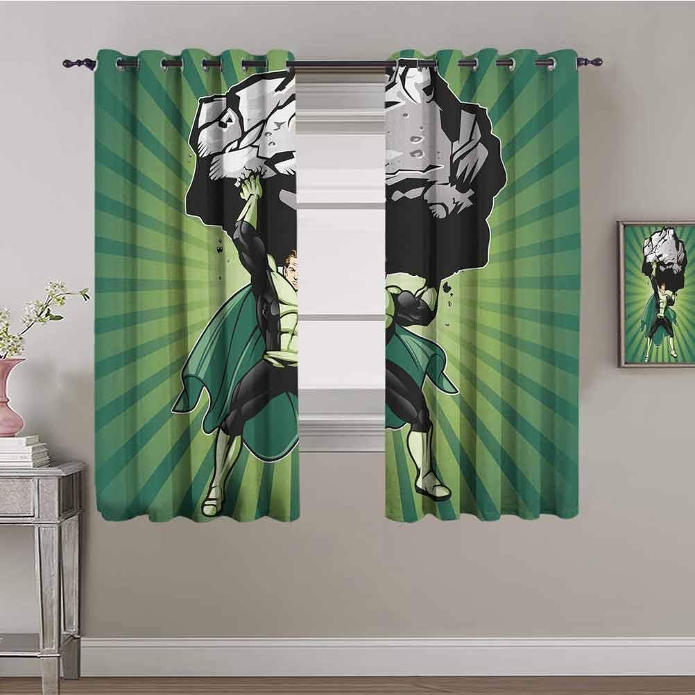 Superhero Shading Insulated Curtain Hero Man Figure Lifting Large Boulder Rock Rescue Boys Kids Illustration Soundproof Shade Forest Green Black W72 x L72 Inch