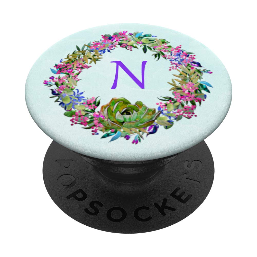 Mint Floral Phone Grip with Letter N Pop Up Holder Cactus PopSockets Grip and Stand for Phones and Tablets