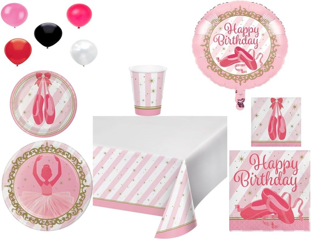Disposable Plates/Napkins/Cups/Tablecloth/Balloons Twinkle Toes Happy Birthday Themed Party Pack, 8-Piece Bundle