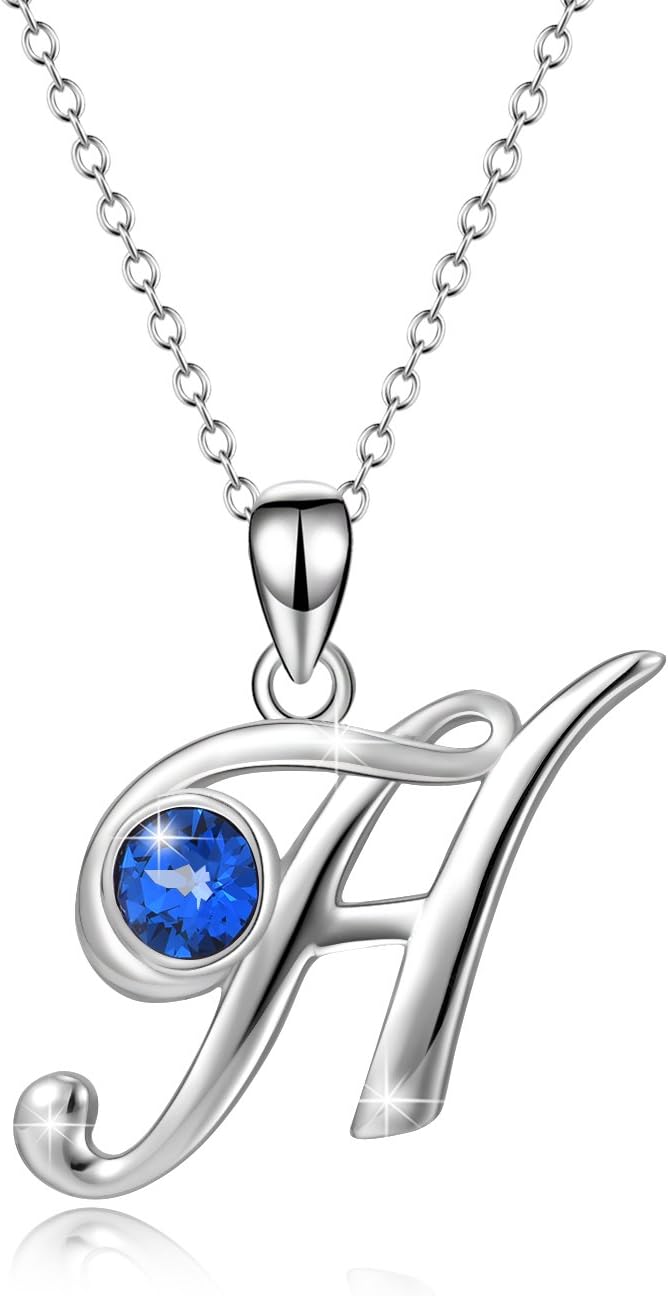 Sterling Silver 26 Letter Necklace Sapphire Pendant Necklace Birthday Jewelry Gifts for Her Women Teens