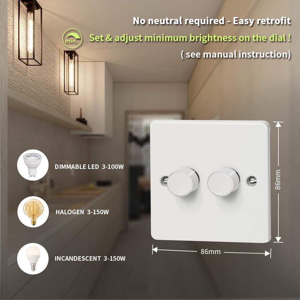 iolloi LED Dimmer Switch 2 Gang, Push On/Off Rotary Trailing-Edge ...