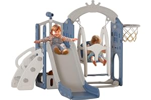 67i 6 in 1Toddler Slide and Swing Set Kids Slide with Climber Baby Slide Playset with Basketball Hoop Freestanding Slides with Storage Space Outdoor Indoor Kids Slide for Toddlers Age 1+ Blue Grey