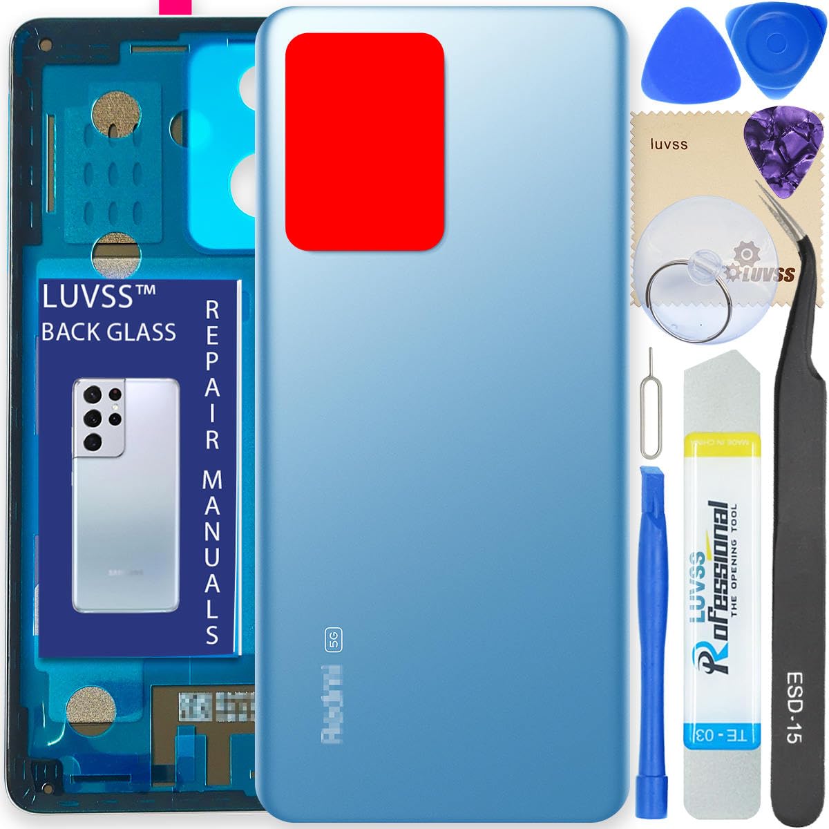 LUVSS Back Glass Cover Replacement Compitable for Xiaomi Redmi Note 12 Pro+ Plus 5G Rear Cover + Camera Lens + Repair Manual DIY Tools Kit (Blue)
