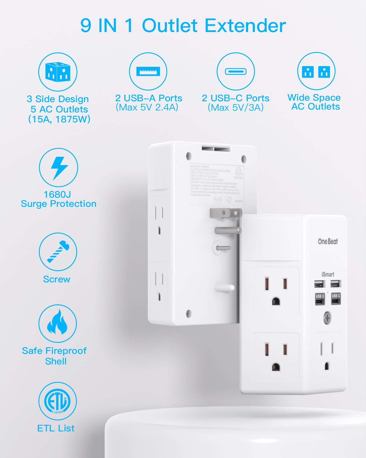 One Beat 1680J 3 Side Power Strip Multi Plug Expander, Surge Protector, 5 Outlets Extender, 4 USB Ports (USB C), Wall Mount Charger, Outlet Splitter Adapter for Home, Travel, Office, ETL Listed, White