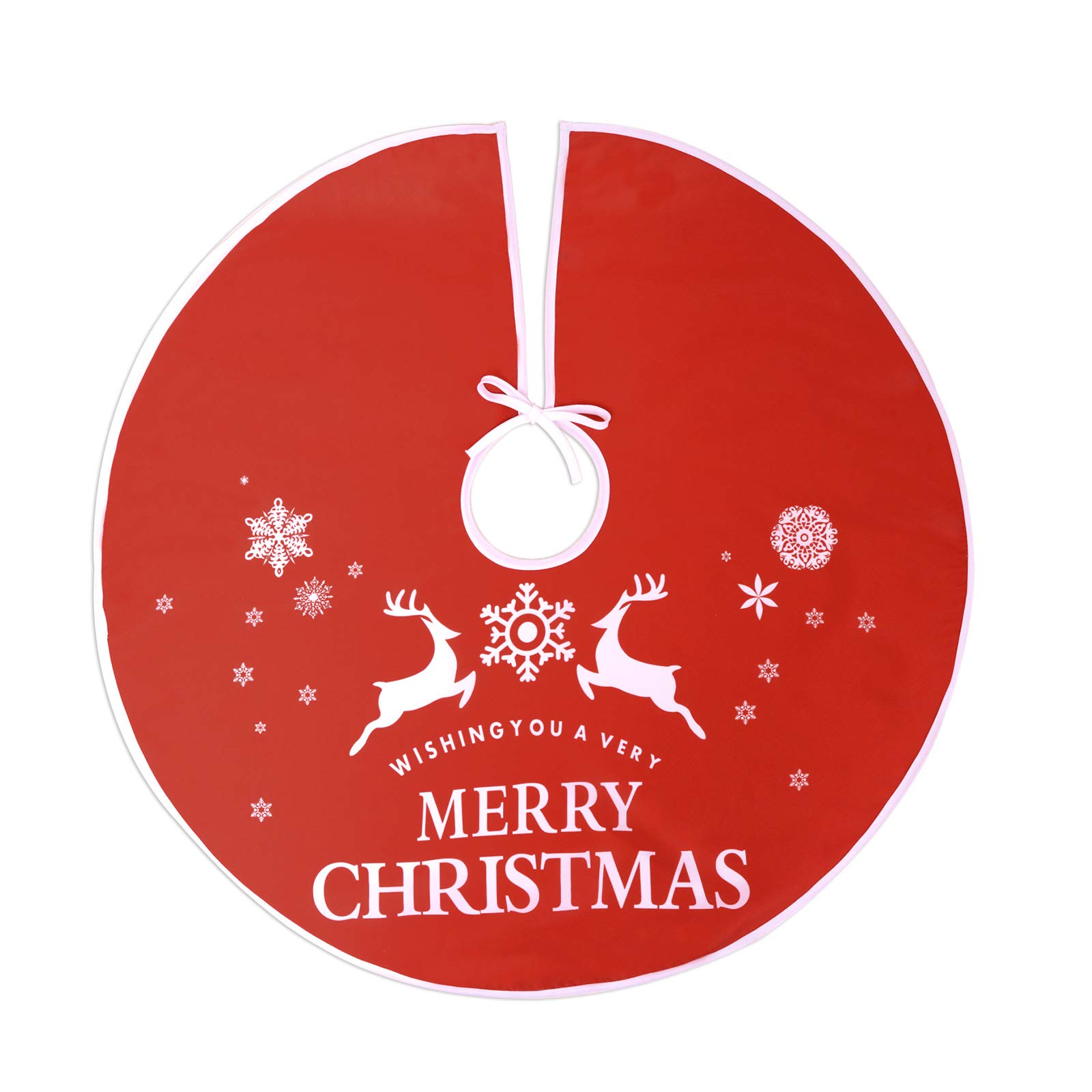 Voilamart Christmas Tree Skirt Mat with Deer Snow Pattern, Red 35 Inch in Diameter Tree Apron, Decoration for Xmas New Year Festival Holiday Party