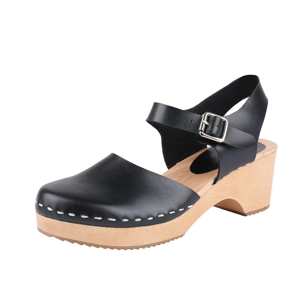 LAICIGO Women’s Wood Clog Heeled Sandals Chunky Closed Toe Ankle Strap Buckle Slingback Studded Booties