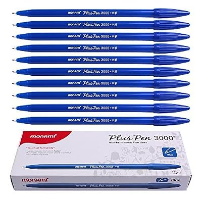 Monami Plus 3000 Filzstifte – 12 Stück, Wasserbasierte Tinte, Blau | Für Büro, Schule, Signieren