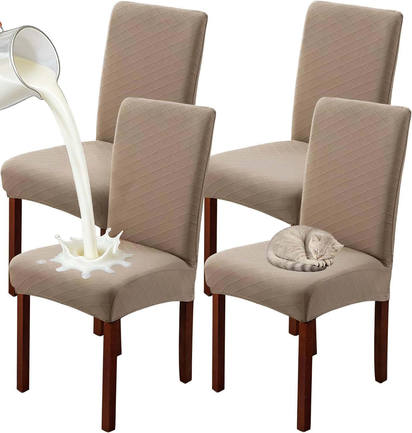 JUNZHE Set of 4/6 Dining Chair Covers, Modern Elastic Stretch Chair Protective Covers, Removable Washable Kitchen Chair Seat Cover (Sand,4 Pieces)