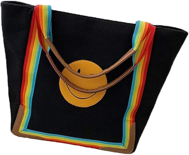 Amazon チューカー レディース キャンバス ショルダーバッグ トートバッグ ファスナー付き 笑顔 虹 可愛い 大きいサイズ 2way 手提げバッグ 肩掛け 帆布 シンプル 無地 マザーズバッグ 大容量 通勤 通学 ブラックf Tukeer チューカー トートバッグ