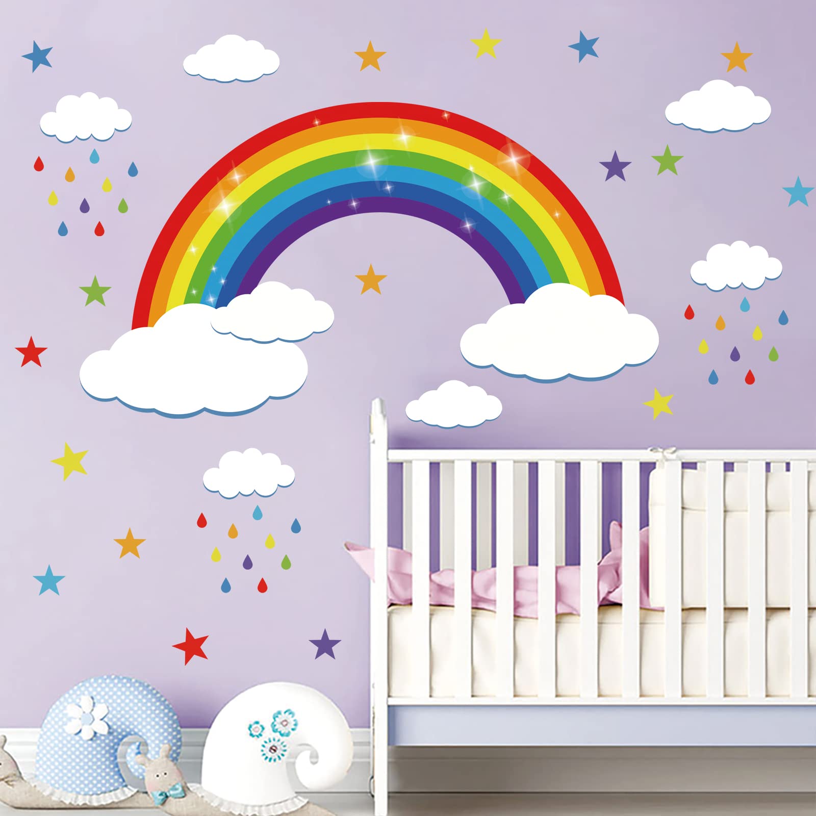 decalmile Rainbow Wall Decals White Clouds Colorful Raindrops and Stars Wall Stickers Baby Nursery Kids Bedroom Wall Decor (Large 97cm x 53cm)