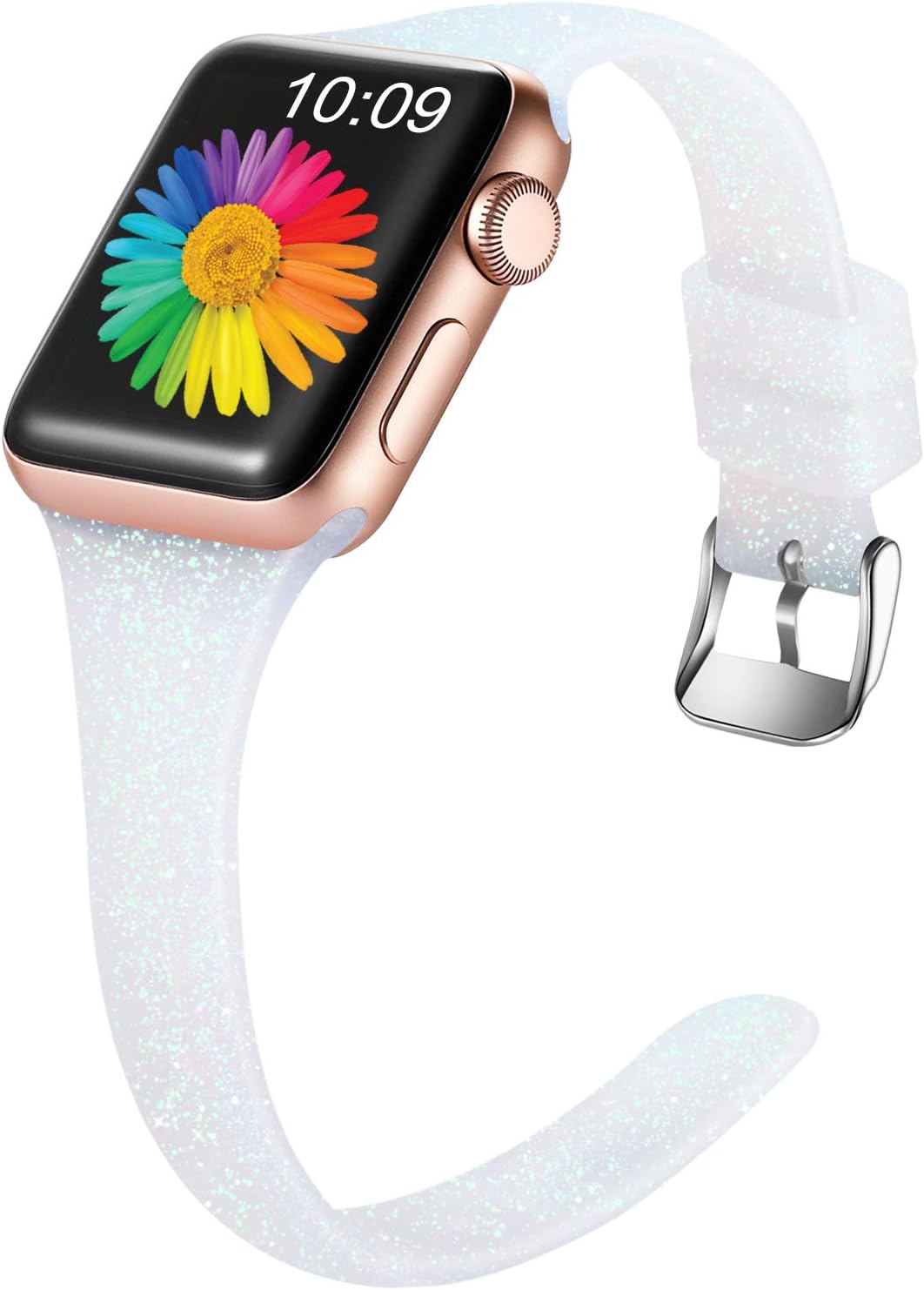 Getino Slim Sport Bands Compatible with Apple Watch 40mm 38mm iWatch SE & Series 6 & Series 5 4 3 2 1, Soft Silicone Shiny Glitter Strap for Women Girls Kids, Shiny Silver, M/L