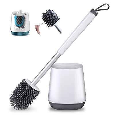 POPTEN Toilet Bowl Cleaning Brush and Holder Set for Bathroom Storage and Organization, Deep-Cleaning Toilet Bowl Cleaner Brush with Holder Anti-Rust Handle &amp; TPR Soft Bristle,Floor Standing White