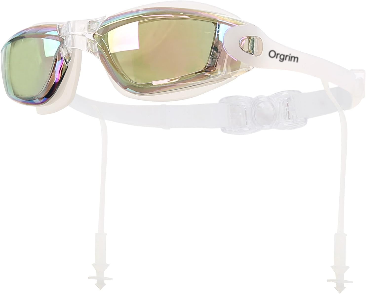 Orgrim Swimming Goggles with Siamese Ear Plugs - UV Protection Anti Fog - Best Adult Swim Goggles (Blue) (White)