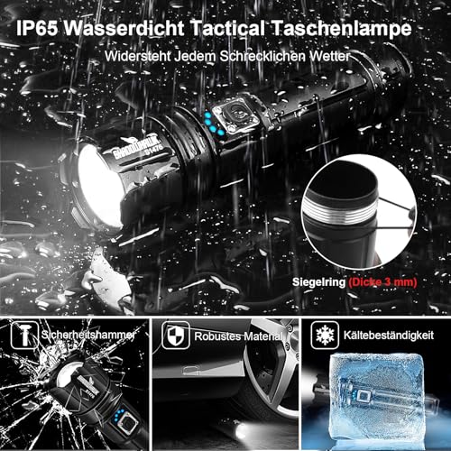 Shadowhawk Torch LED 10000 Lumens, Extremely Bright Torch, USB Rechargeable Tactical Torches with Holster CREE XHP70.2, IP67 Waterproof, 5 Light Modes, for Camping, Hiking, Emergencies (26650 Battery)