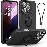 ABITKU for iPhone 16 Pro Case with Ring Stand, Liquid Silicone Slim Design Support Magnetic Car Mount (with Wrist Strap Lanyard) Phone Cover for iPhone 16 Pro 6.3 inch, Black