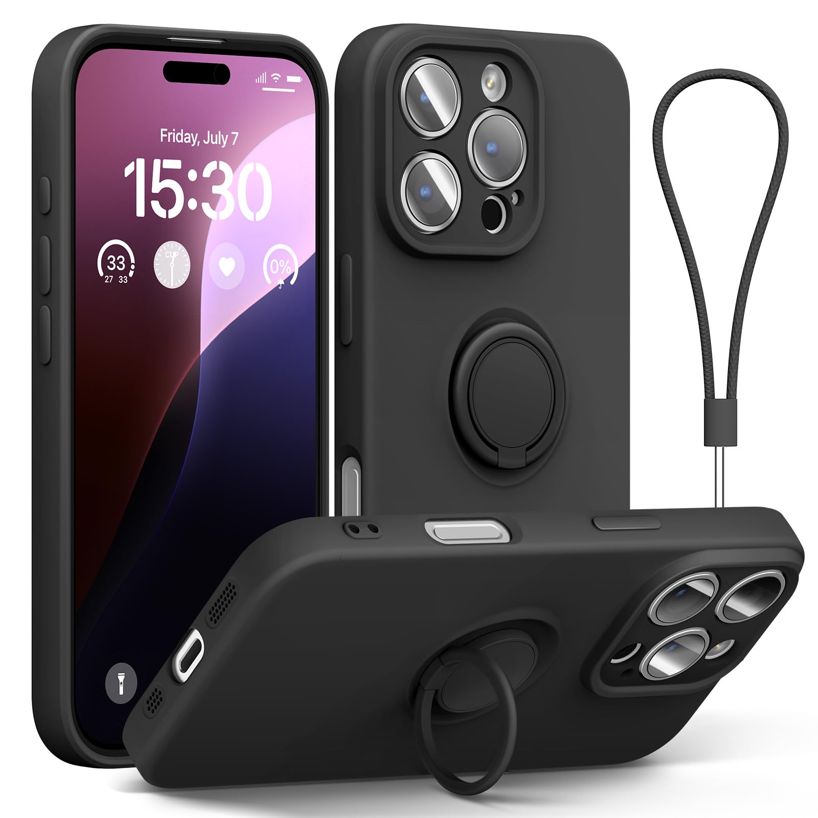 abitku for iPhone 16 Pro Case with Ring Stand, Liquid Silicone Slim Design Support Magnetic Car Mount (with Wrist Strap Lanyard) Phone Cover for iPhone 16 Pro 6.3 inch (Black)