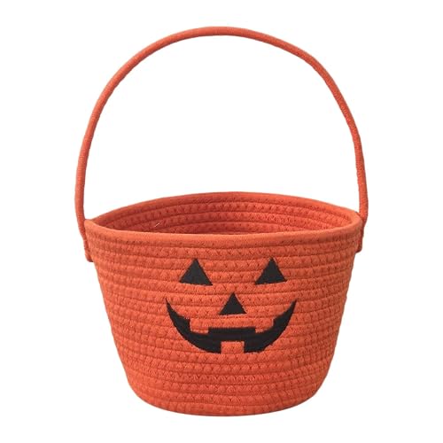 Halloween Candy Bags,Halloween Trick or Treat Bucket for Kids, Reusable Cotton Rope Pumpkin Bag with Handle, Halloween Tote Gift Basket for Halloween Party Favor Supplies (A)