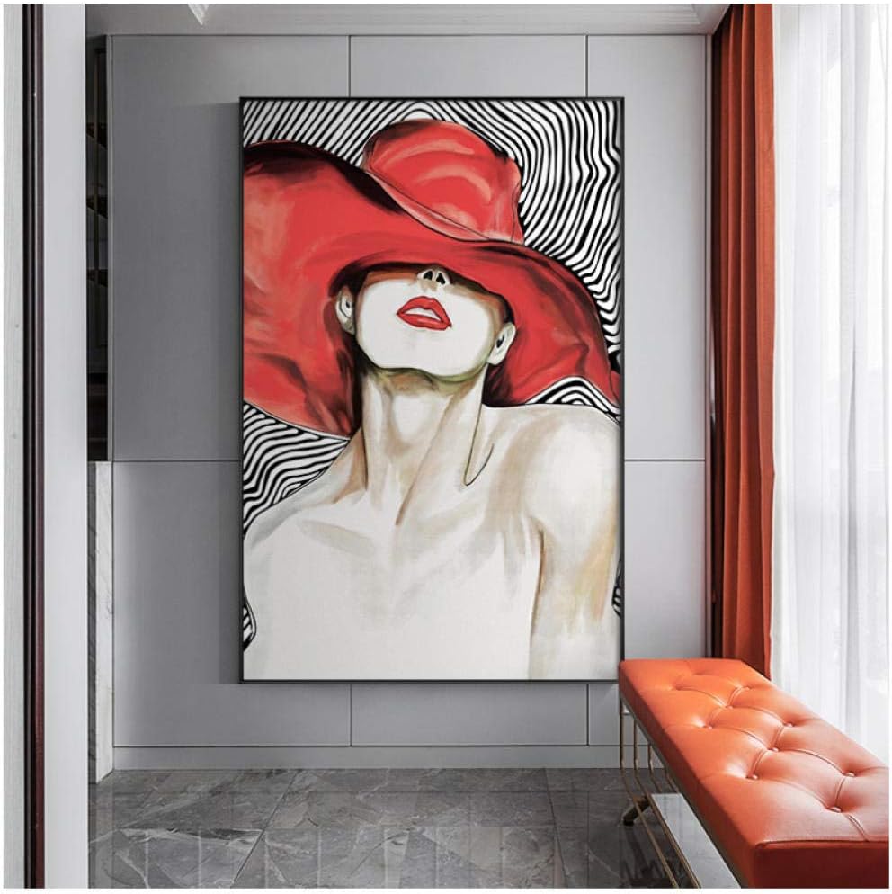 Chica sexy de moda con labios rojos y gorra Pintura de lona Estilo