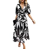 ebossy Women's Boho Floral Print Chiffon Dress Short Sleeve V Neck Girdle Waist Beach Maxi Long Dresses