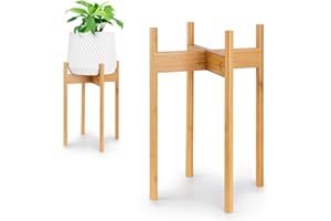 Fox & Fern Mid Century Tall Plant Stand — 10 Inch Fixed Size Raised Bamboo Plant Stand for Indoor Pots (Not Included); Modern Flower Pot Holder with Plug In Design; Easy to Assemble - Bamboo