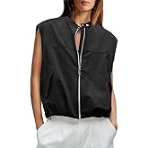 Yousify Womens Zip Up Faux Suede Vest Cropped Cap Sleeve Trendy Casual Pleated Vest Jackets Fall Loose Fit Outerwear