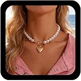 Andelaisi Boho Pearl Heart Necklace Vintage Love Heart Pendant Necklace Gold Heart T bar Necklace Baroque Pearl Choker Necklace Jewelry For Women