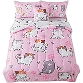 lishjekee Kids Cat Comforter Twin 6 Pieces Cute Cats Bedding Set Pink Bed in A Bag for Girls Kawaii Kitten Comforter and Sheets Set Cartoon Animal Bed Sets for Teens Home Decor