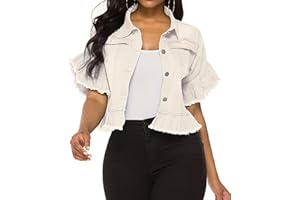 vunahzma Women's Denim Jacket Button Down Distressed Ruffle Sleeve Crop Jean Jackets Coat