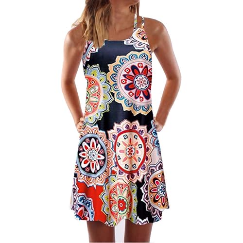LINKIOM Skirts for Women Long Length, Vintage Boho Mini Dress Women Summer Sleeveless Beach Printed Short Skirt(Medium,Orange-B)