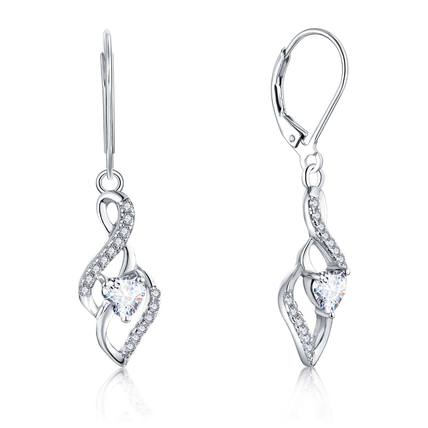 JO WISDOM Women Earrings,925 Sterling Silver Infinity Leverback Dangle & Drop Earrings with 3A 4 * 4mm Heart-cut Cubic Zirconia April Birthstone